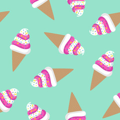 pink and white ice cream cone twisted on a turquoise background sprinkled with colorful candy moon star waffle pattern seamless vector - 221333038