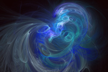Abstrct Digital Artwork. The theme of the cosmos and the universe. The origin of life in interstellar space against the background of dark space. Technologies of fractal graphics.