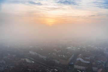 Sunset and fog in Ljubljana