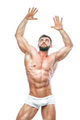 bodybuilder posing. Beautiful sporty guy male power. Fitness muscled manin white lingerie. on isolated white background.