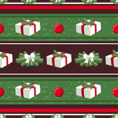 Christmas illustration pattern with decorations, gifts, boxes, tree. use for postcards, wallpapers, textiles, scrapbooking, decoration, invitations, background, holiday.