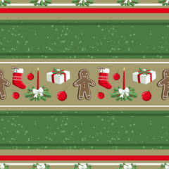 Christmas illustration pattern with decorations, sock, gifts, gingerbread man. use for postcards, wallpapers, textiles, scrapbooking, decoration, invitations, background, holiday.