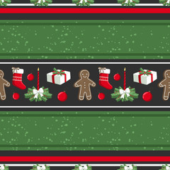 Christmas illustration pattern with decorations, sock, gifts, gingerbread man. use for postcards, wallpapers, textiles, scrapbooking, decoration, invitations, background, holiday.
