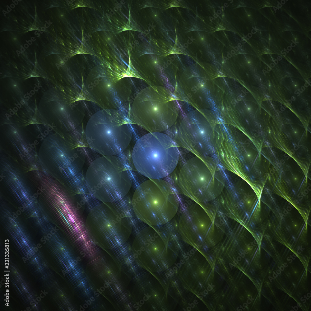 Poster abstrct background. glowing balloons and a beautiful metallic pattern. digital art. technologies of 
