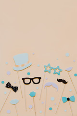accessories made of paper, hats, glasses, masks, crowns, lips and mustaches