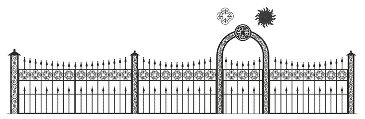 Wrought iron modules, plants, floral ornament, symmetry, fences, railings, window grilles isolated on white background