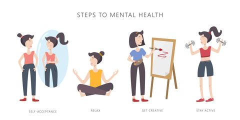 Mental health care vector illustration. Girl improving her mental health. Steps to mental health. Set of infographic elements.