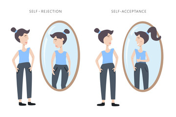 Illustration of self rejection and self acceptance. Young woman watching at her reflection in the mirror with different emotions
