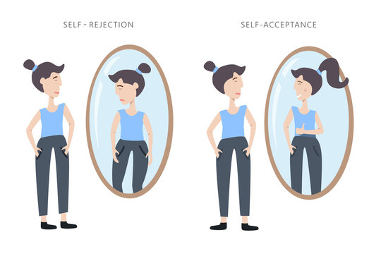 Illustration Of Self Rejection And Self Acceptance. Young Woman Watching At Her Reflection In The Mirror With Different Emotions