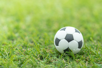 Fototapeta premium Sport Concept. Close up of mini football (Soccer) toy on green grass.