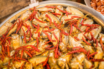 Sweet and sour tamarind mackerels soup, delicious and tasty traditional Thai Asian seafood, local Thai food.