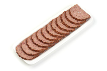Traditional baked meatloaf slices on the white plate, isolated on white background.