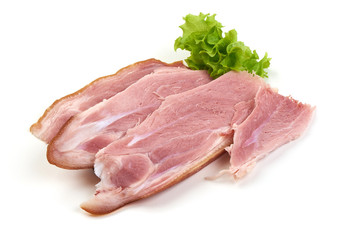 Sliced Italian prosciutto crudo or jamon. Smoked Pork ham, isolated on white background.