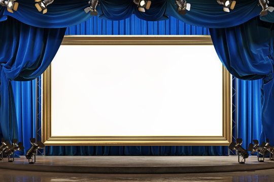 A large picture frame on the theater stage with blue velvet curtains. Space for text. 