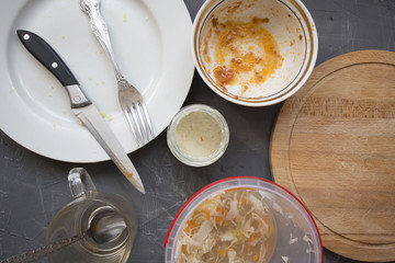 dirty dishes after eating on the table