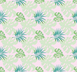 Tropical pattern with pink background and watercolor painted green leaves and palm
