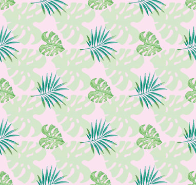 Tropical pattern with pink background and watercolor painted green leaves and palm