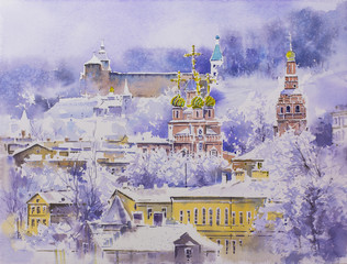 Watercolor painting Christmas Church in Nizhny Novgorod Russia in Winter under snow cityscape drawing