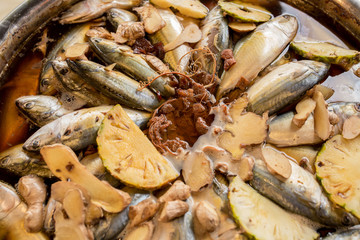 Sweet and sour tamarind mackerels soup, delicious and tasty traditional Thai Asian seafood, local Thai food.