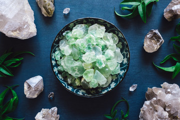 Green Fluorite and Quartz on Blue Table