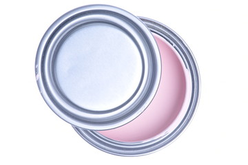 Pink paint can directly above isolated on white background