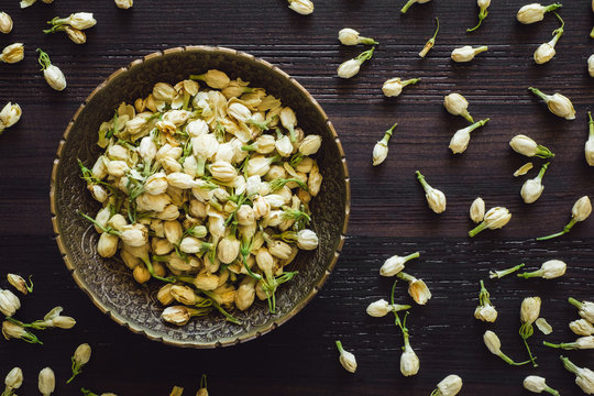 Brass Bowl of Dried Jasmine Flowers