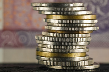 Polish coins stacked and paper money in a distance