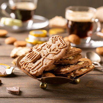 Dutch holiday Sinterklaas traditional sweets gingerbread cookies, speculaas koekjes, st. Nicolas day concept on december the fifth .