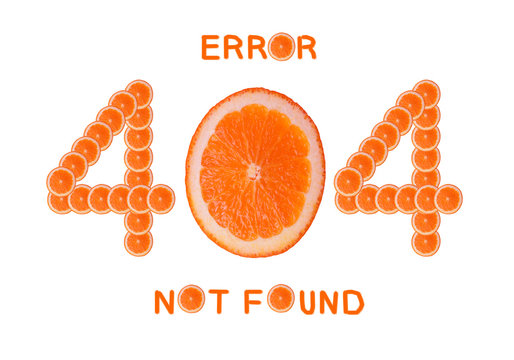 Page not found, error 404, slices of oranges on white background