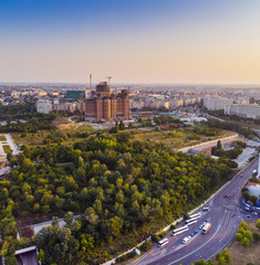 Aerial view of Bucharest city at sunset