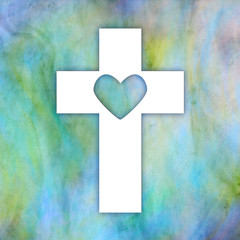 White cross with heart on a textured background in blue green and violet