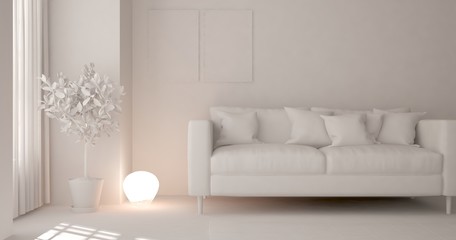 White room with sofa. Scandinavian interior design. 3D illustration