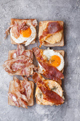 French toast Crispy prosciutto bacon top view brunch concept
