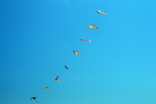 fila di aquiloni su cielo azzurro