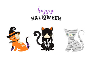 Happy Halloween - cats in monsters costumes, Halloween party. Vector illustration, banner, elements set
