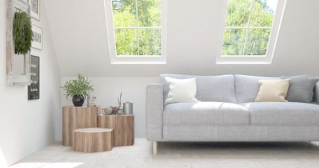 Idea of white room with sofa and summer landscape in window. Scandinavian interior design. 3D illustration