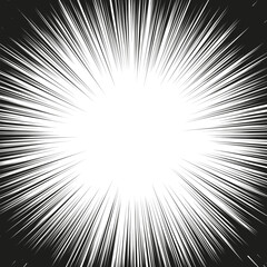 Obraz premium Comic book black and white radial lines background. Manga speed frame.Superhero action. Explosion vector illustration. Square stamp.
