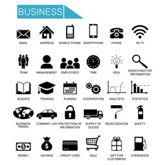 Business icons: phone, adress, money, credit card, gft for customers, overheads, 
cooperation... 