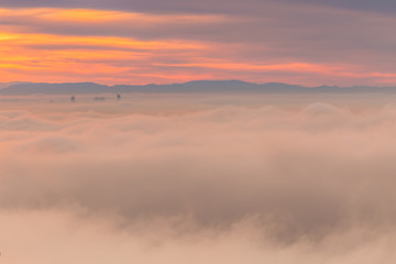 Fototapeta na wymiar Morning fog covering downtown Vancouver at sunrise
