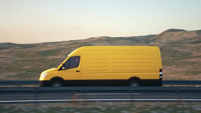 A yellow delivery van passes the camera driving on a highway into the sunset, side-view camera tracking and panning to follow the van. Realistic high quality 3d animation.