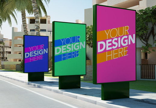 Three Advertising Kiosks on Sidewalk Mockup