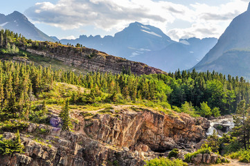 Glacier National Park Rugged Mountains and a Flowing River in Montana