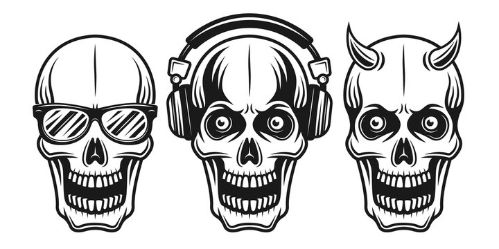 Vector skulls with sunglasses, headphones, horned