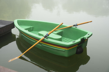 Boat on the lake in the fog.