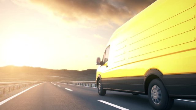 A yellow delivery van passes the camera driving on a highway into the sunset, low angle rear view camera. Realistic high quality 3d animation.