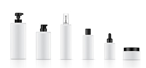 Mock up Realistic White Cosmetic Soap, Shampoo, Cream, Oil Dropper and Spray Bottles Set for Skincare Product with Black Cap on white Background Illustration