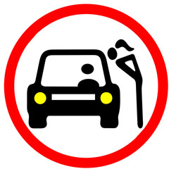 A whore with car in bargaining. Prostitution illustration red circular road sign