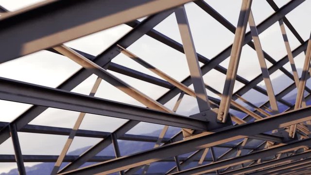 Loopable steel roof truss on a cloudy sky background. Construction building