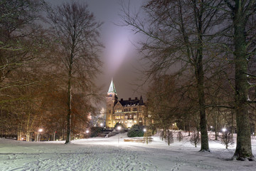 Teleborg Castle at snowy night in Vaxjo, Sweden