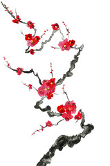 Fototapeta premium A branch of a blossoming tree. Pink and red stylized flowers of plum mei, wild apricots and sakura . Watercolor and ink illustration in style sumi-e, u-sin. Oriental traditional painting.